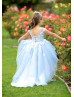 High Low Sky Blue Lace Tulle Floor Length Flower Girl Dress